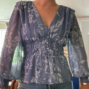 Blue Fitted Waist Blouse